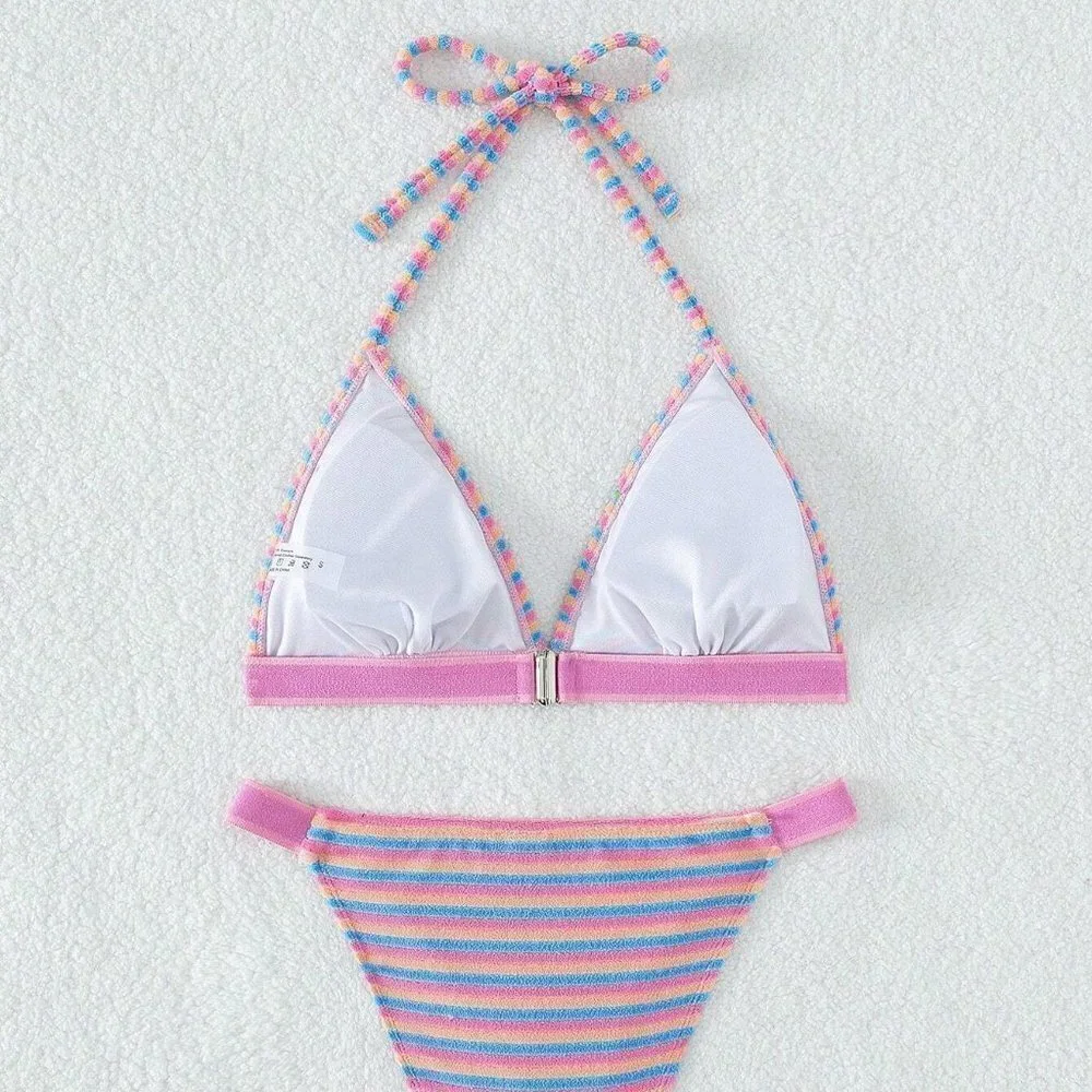Womens Striped Halter Triangle Bikini Swimsuit